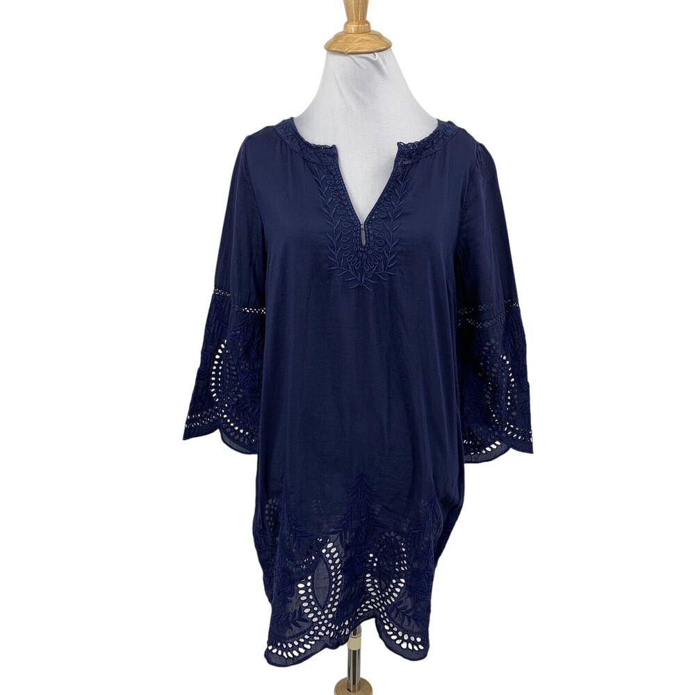 Joie Tunic Womens XS Extra Small Blue Marne Split Neck Embroidered Eyelet Top